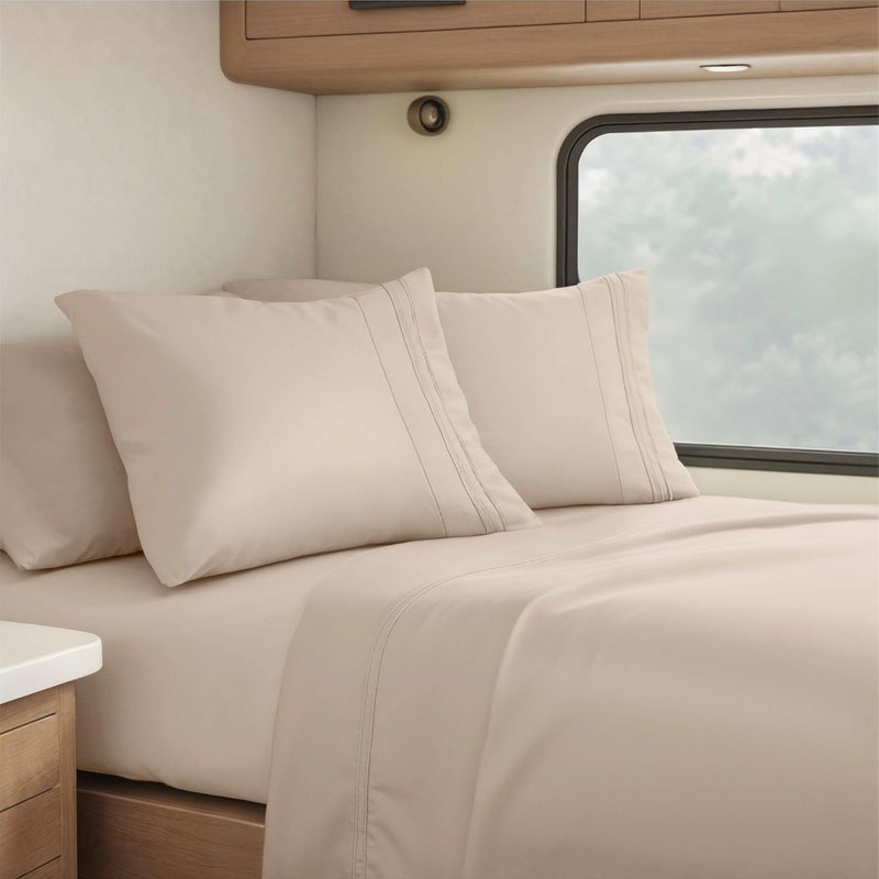 Clara Clark RV Queen Sheets, 6 Piece RV Sheets Set - Hotel Luxury Sheets for RV Bunks, Super Soft Bedding Set, Short Queen,Beige Cream - Image 1